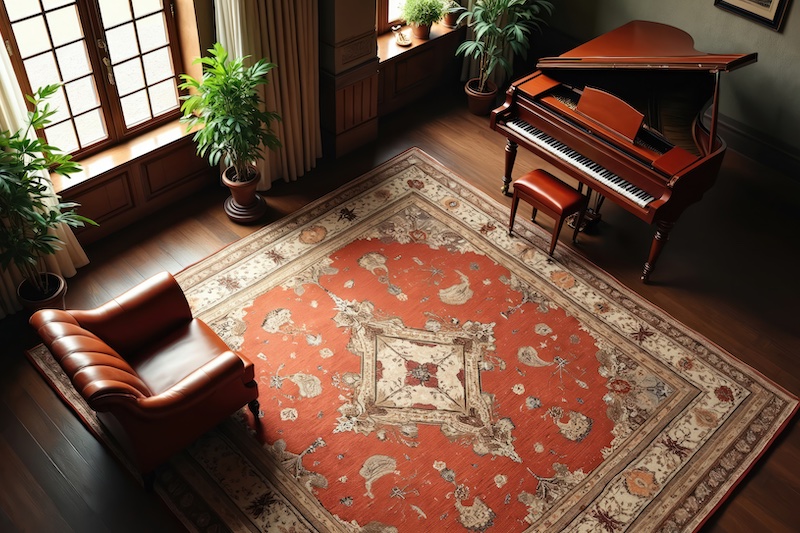 Cozy apartment with elegant home decor, comfortable furniture, and area rug in the center